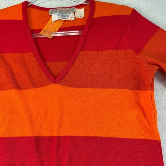 Vintage TAN GUIDICELLI Women EU40 USL Red Striped Deep V-Neck Short Sleeve Shirt - Picture 2 of 8